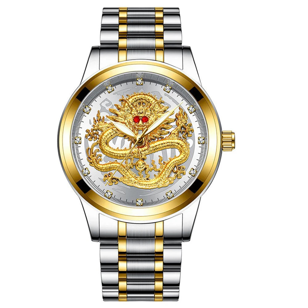 POSHI Stainless Steel Fashion Quartz Watch Gold Dragon Men's Watches Luxury Original Design Waterproof Quartz Movement Clock