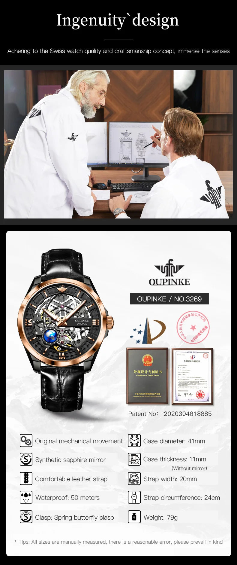 OUPINKE 3268 Man Automatic Watch Top Brand Hollow Deep Waterproof Mechanical Watch For Men Luxury Original Leather Wristwatch
