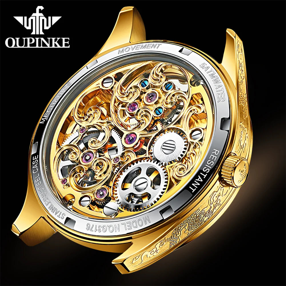 OUPINKE 3176 Top Luxury Mens Watches Tourbillon Movement Golden Tungsten Steel Dragon Watch Luminous Double Needle Design Watch