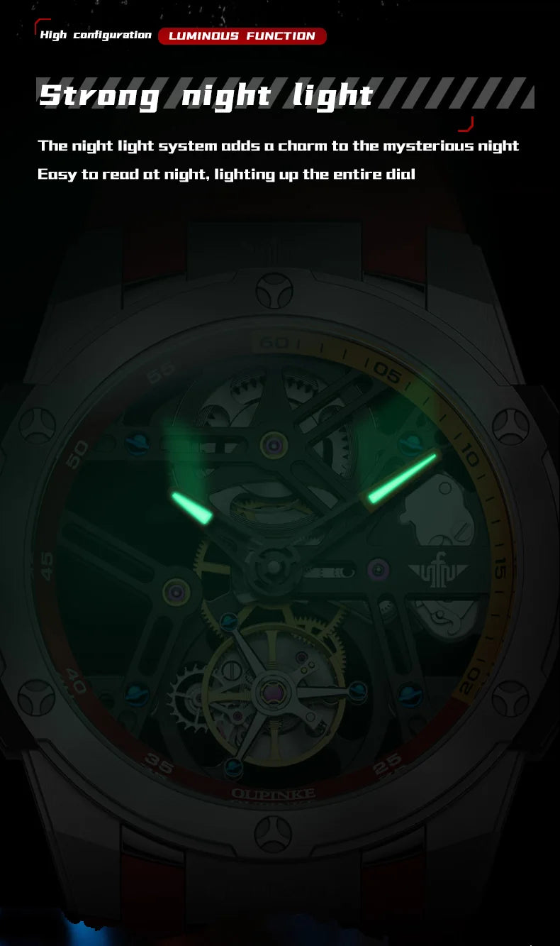 OUPINKE 8003 Men's Watch 45mm Big Dial Fashion Hollow Automatic Watch For Men Waterproof Luxury Tourbillon Mechanical Hand Clock
