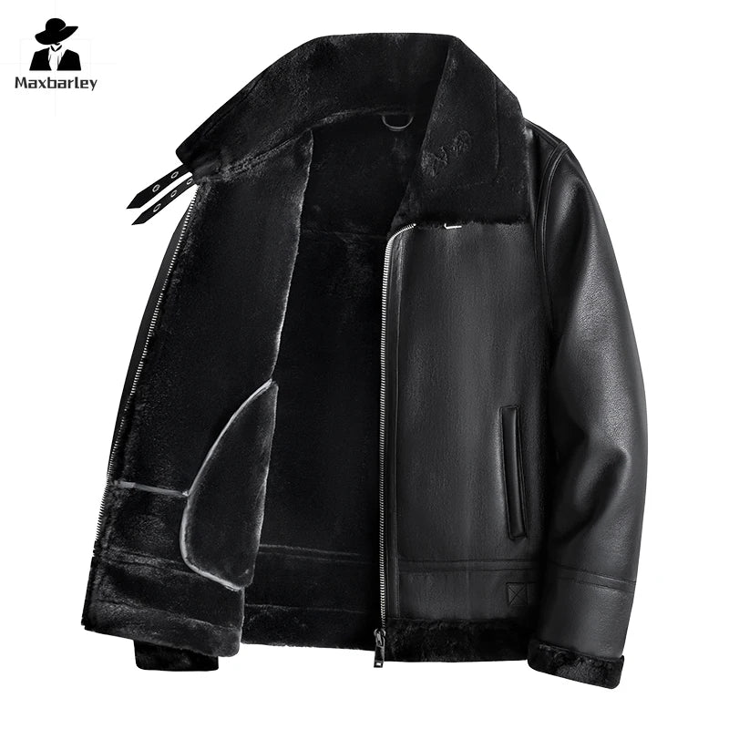 2024 New Leather Jacket Men's Winter Vintage Black Thick Warm Fur One Lambskin Lining Jacket Casual Motorcyclist PU Leather Coat