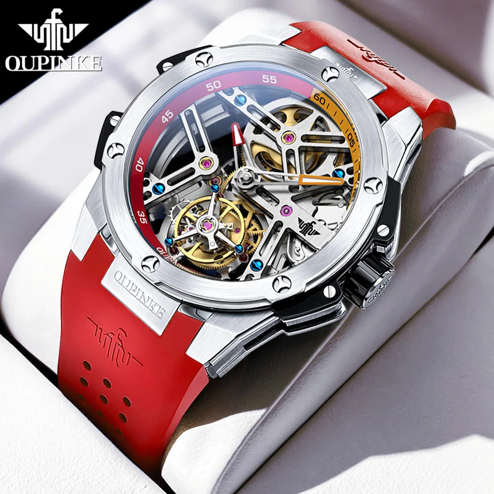 OUPINKE 8003 Tourbillon Men Watch Luxury Brand Hollow out Automatic Mechanical Watch Silicone Waterproof Sapphire Mirror Watch
