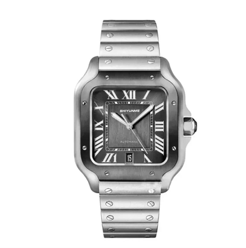 Stainless Steel Mechanical Sports Watch Square Roman Dial Black Leather High Quality Men's Automatic Watch