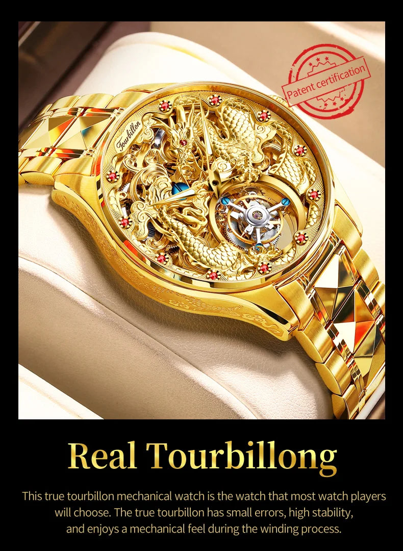 OUPINKE Real Tourbillon Watches Man Tungsten Steel Skeleton Flywheel Automatic Mechanical Men's Watches Luxury Dragon Watch 3176