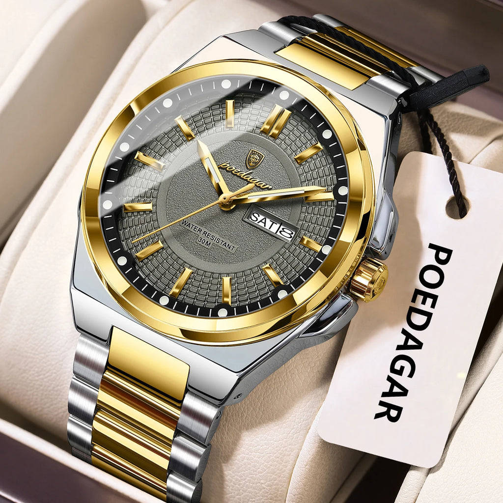 POEDAGAR Fashion Classic Men Wristwatches Stainless Steel Waterproof Luminous Man Watch Date Week Quartz Business Men's Watches