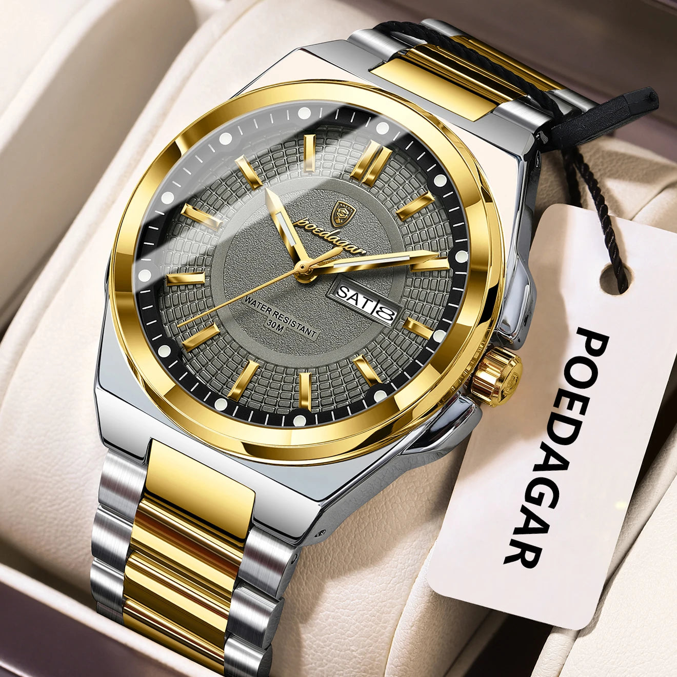 POEDAGAR Fashion Classic Men Wristwatches Stainless Steel Waterproof Luminous Man Watch Date Week Quartz Business Men's Watches