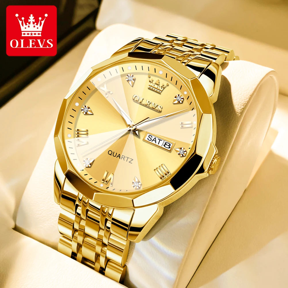 OLEVS New Watch for Men Original Quartz Waterproof Male Wristwatch Gold Stainless Steel Strap High-end Luxury Man Watch Clock