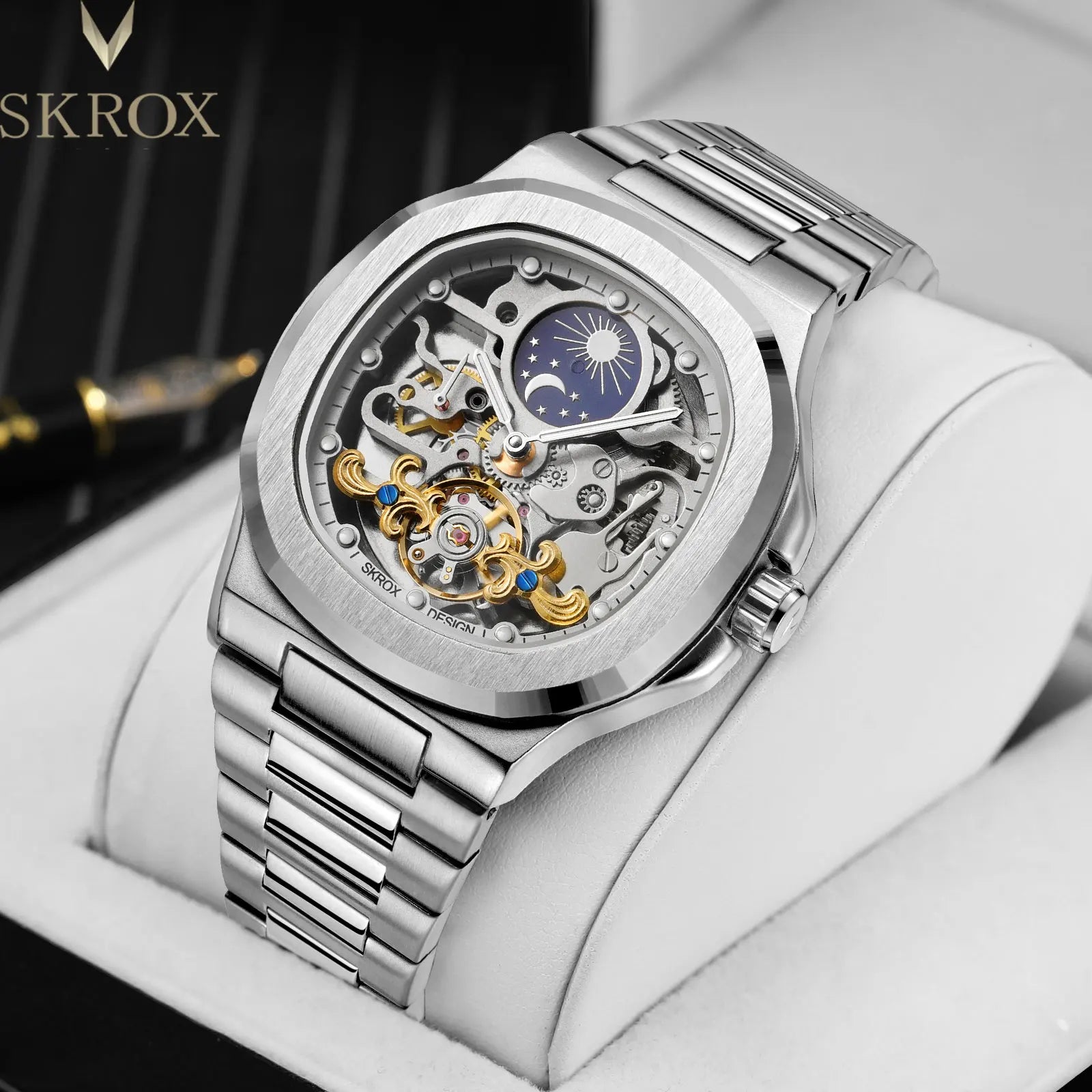 2025 High-end Luxury SKROX Square Man Watch Sapphire Stainless Steel Skeleton Moon Phase Classic Automatic Movement Male Watches