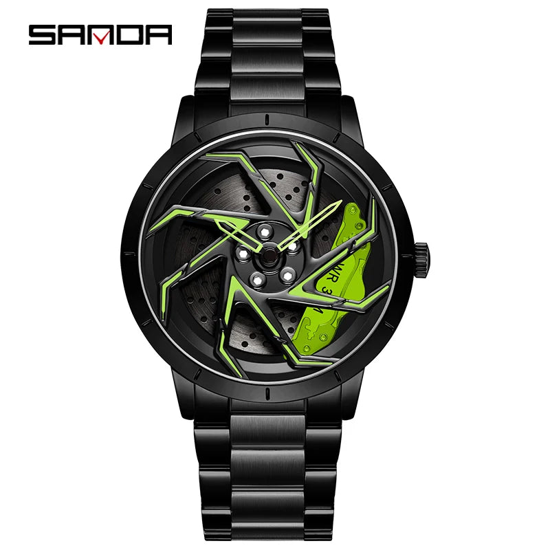 SANDA P1088 Hot Sell New Stainless Steel Band Watch Premium Quartz Movement Shaped 360 Rotating Car Wheel Dial Relogio Masculino