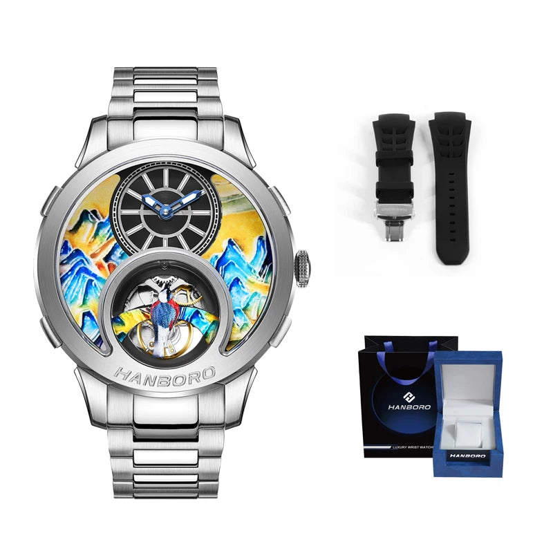 HANBOROThousand Miles Series Oil Painting Personalized Dial Magpie Skeleton Balance Wheel Design Men's Automatic MechanicalWatch