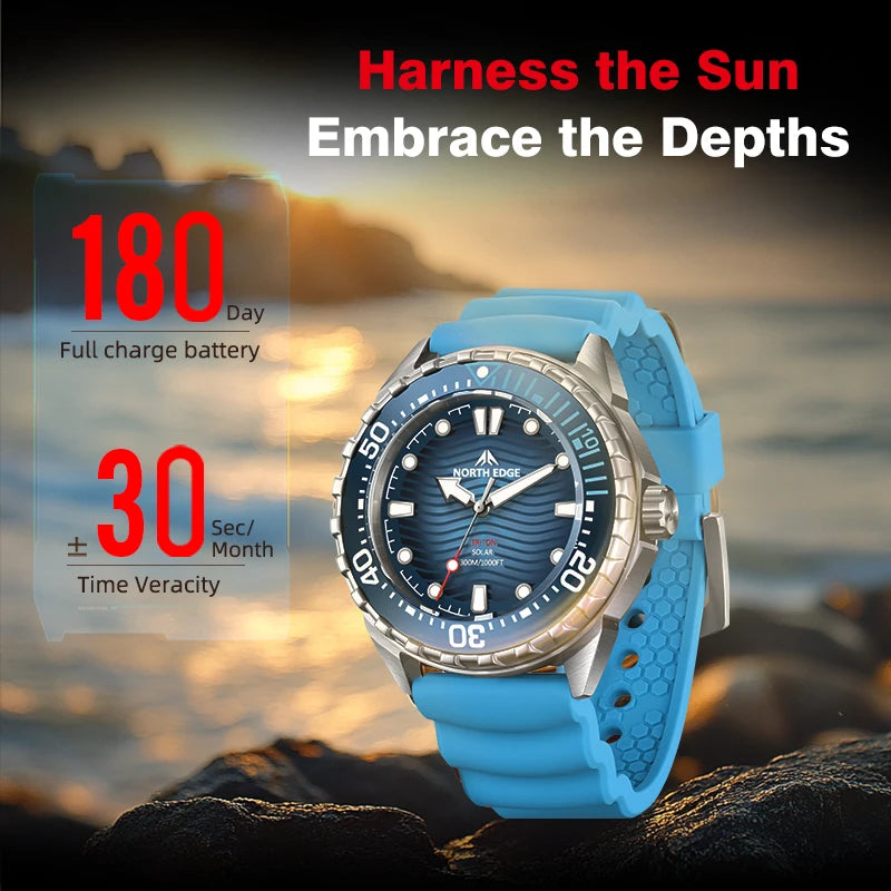 NORTH EDGE TRITON New Arrived Diving Watch for Man Sun Solar Powered Quartz Wristwatches 300M Waterproof relojes para hombres