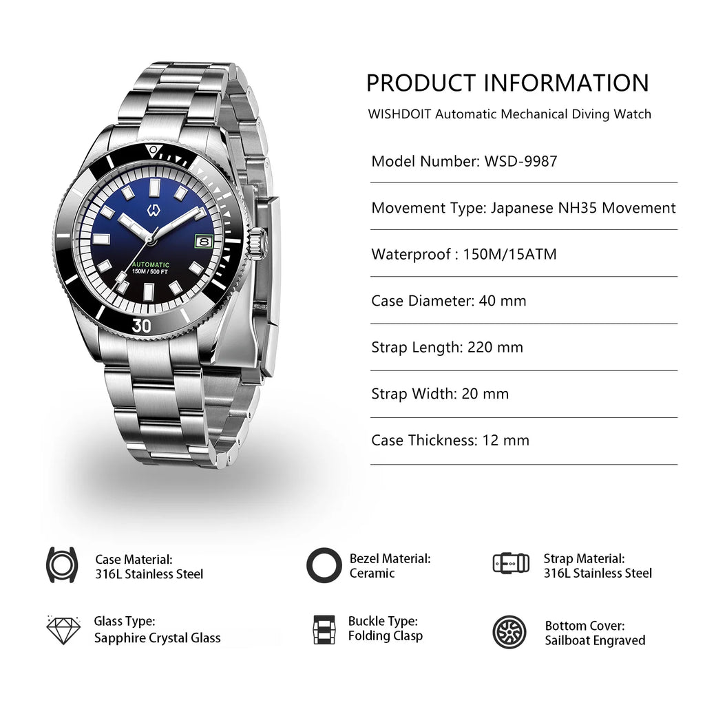 WISHDOIT New Watch Men's Automatic Super Luminous Bezel Mechanical Watch Japan NH35 150 Waterproof Diving Production