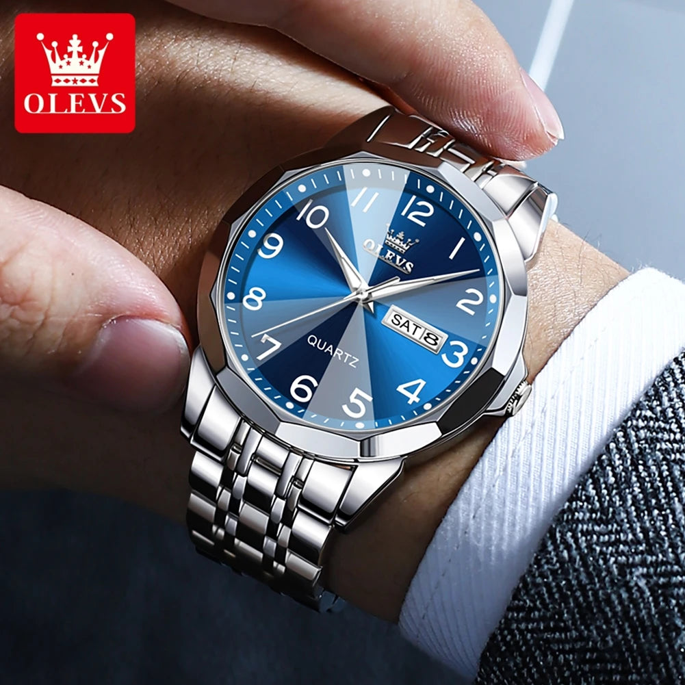 OLEVS Original Waterproof Men's Watches Digital Mirror Quartz Watch for Man Luminous Stainless Steel Wristwatch Male Date Week