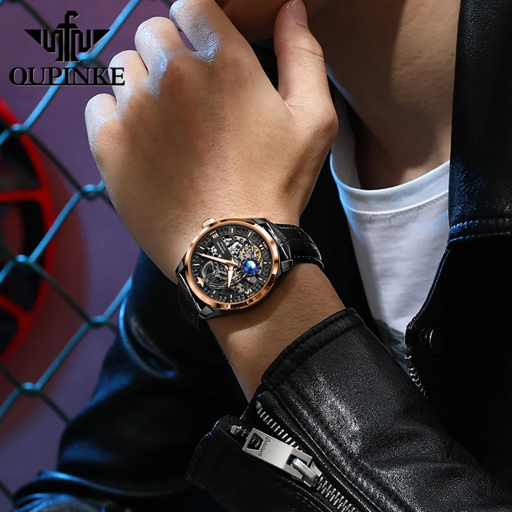 OUPINKE 3268 Man Automatic Watch Top Brand Hollow Deep Waterproof Mechanical Watch For Men Luxury Original Leather Wristwatch