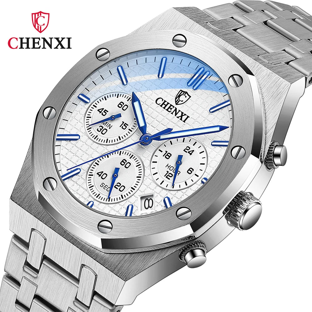 CHENXI Brand Multi-Function Sports Man Watch Luminous Chronograph Steel Strap Waterproof Calendar Quartz Watches Male