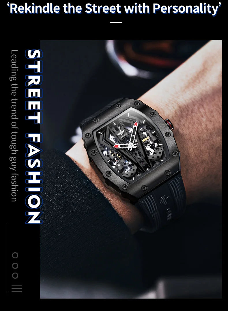 OUPINKE 3179 Men's Watches Top Brand Skeleton Tonneau Automatic Mechanical Luxury Original Watch for Men 5m Waterproof Man Watch