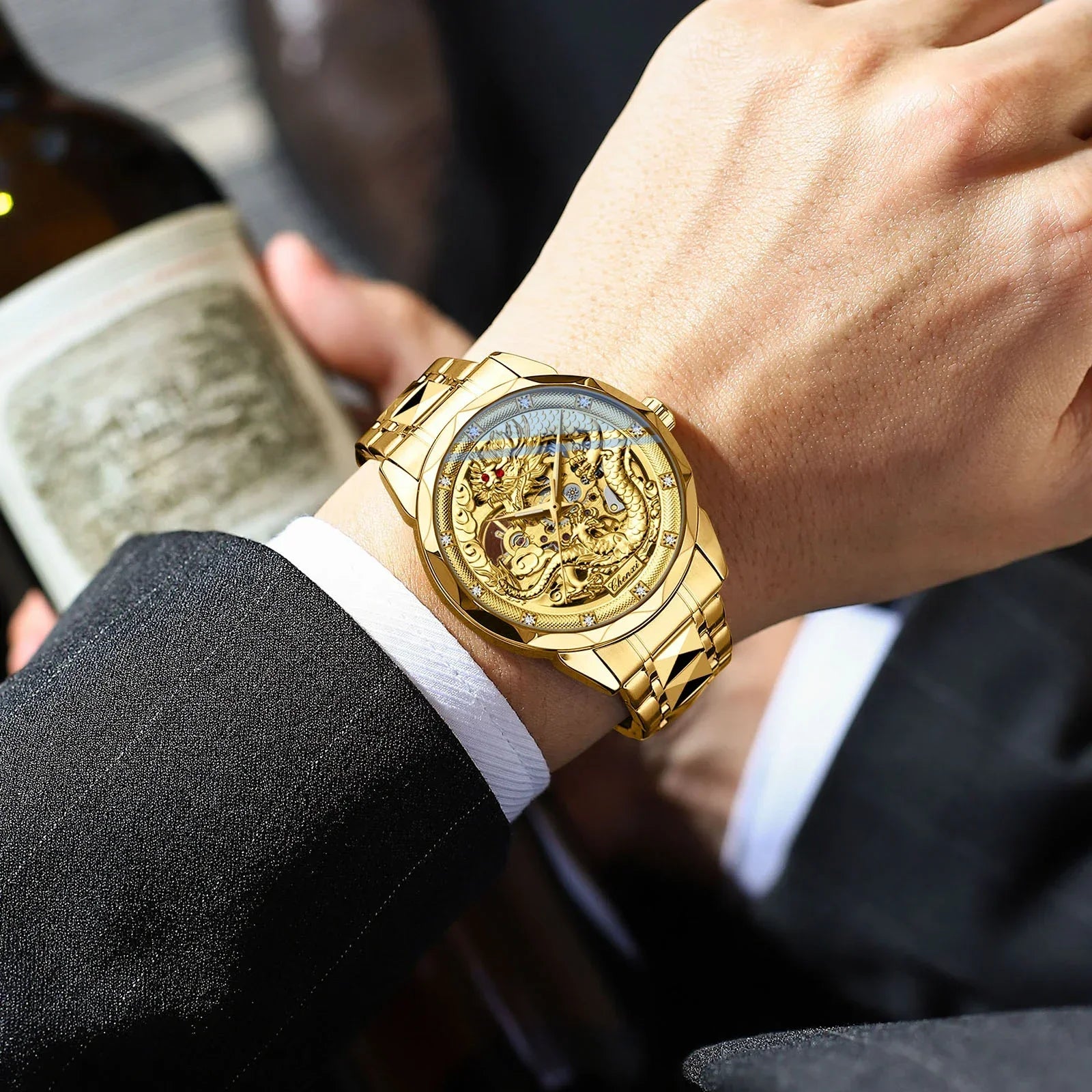 Chenxi 8899 Chinese Nation Culture And Art 3d Embossed Dragon Pattern Gold Automatic Mechanical Stainless Steel Watches For Men