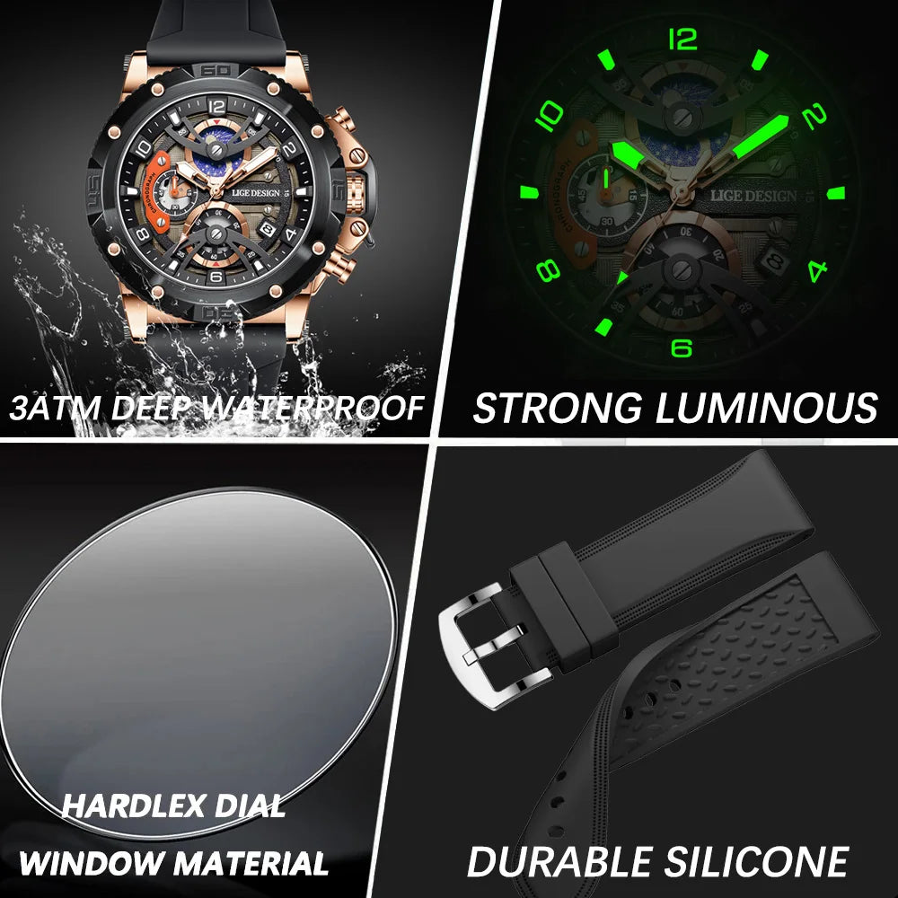 LIGE Sports Man Watch Top Brand Luxury Silicone Chronograph Small Dial Function Quartz Wristwatches Waterproof Luminous Watch