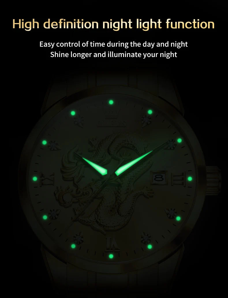 OLEVS 3619 Mens Watch Top Brand Fashion Original Quartz Watch for Man China Loong Dragon Dial Waterproof Luminous Date Reloj
