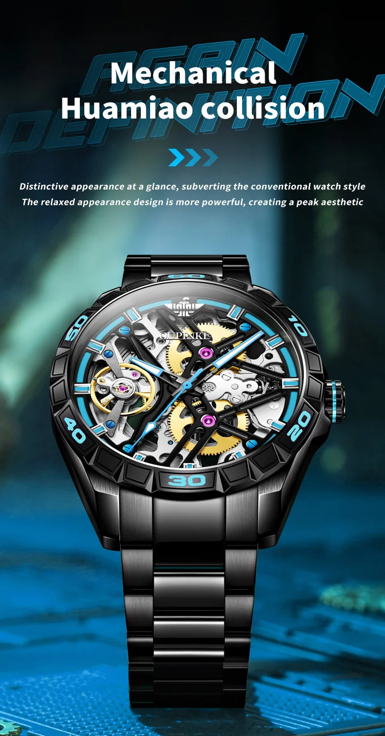 OUPINKE 3196 Blue Watch for Men Original Automatic Movement Deep Waterproof Hollow Out Mechanical Wristwatch Men
