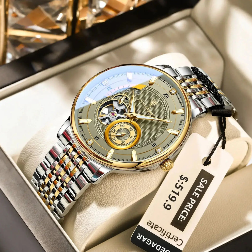 POEDAGAR Top Luxury Men Clock Luminous Hollow Tourbillon Automatic Man Wristwatch Mechanical Stainless Steel Men's Watches Reloj