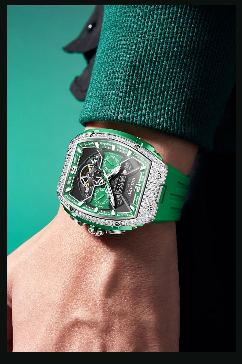 GELATU Top Brand Men's Watches Full Automatic Wristwatch for Man Hollow Mechanical Flywheel Date Week Waterproof Luminous