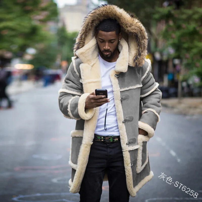 2022 New Men Winter Fashion Leather Jacket Casual Men Clothing Lamb Fur Hooded Jacket Fur Coats Punk Warm Leather Coat Windproof