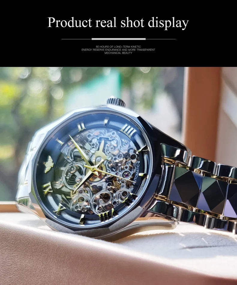 OUPINKE Tungsten Steel Strip Men's Watches Fully Transparent Dial Automatic Mechanical Watch Waterproof Sapphire Mirror Surface