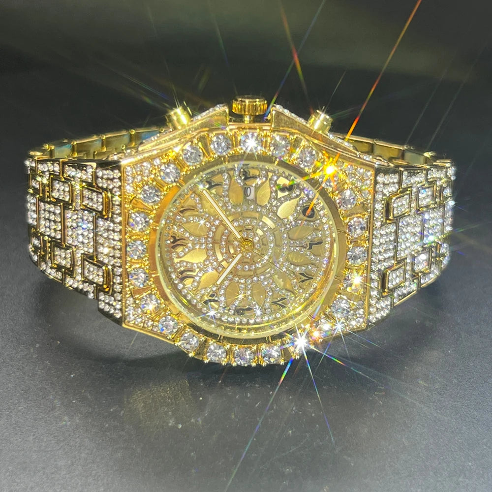 2024 Hip Hop Green Diamond Watche For Men Fashion Automatic Date Quartz Clock Dress Square Iced Jewelry WristWatch Man For Gift
