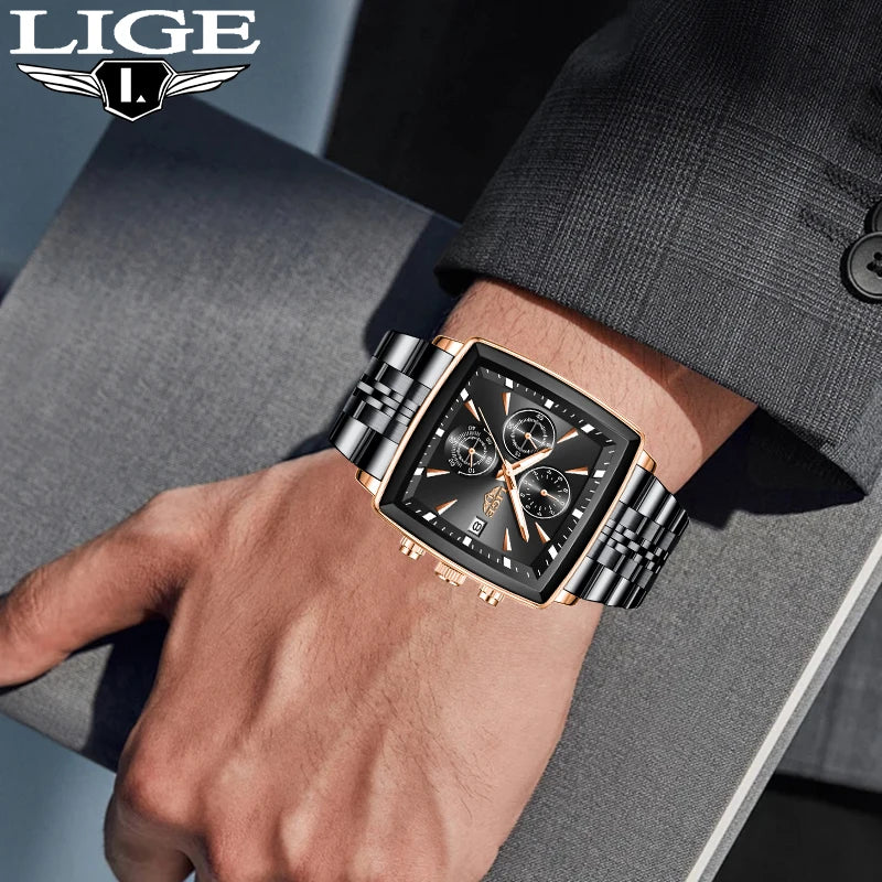 LIGE Fashion Luxury  Watches for Men Square Dial Stainless Steel Waterproof Luminous Auto Date Chronograph Quartz Man Watch+Box