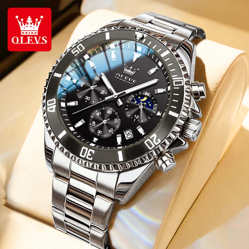 OLEVS Moon Phase Men's Watches Original Waterproof Luxury Quartz Watch Stainless Steel Chronograph Date Rota Dial Wristwatch
