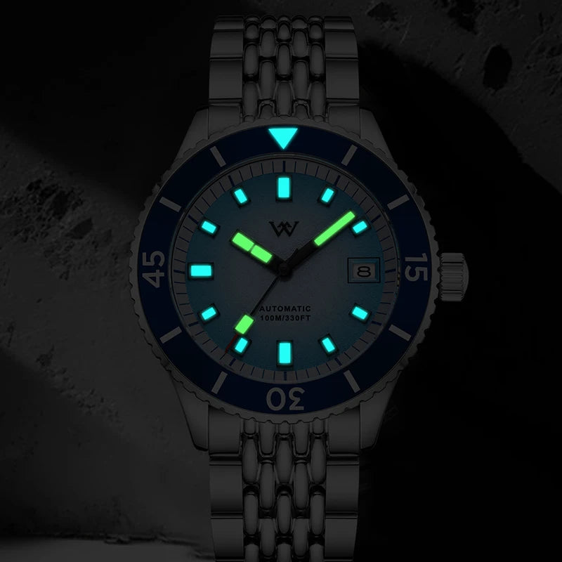 WM Watch Automatic Mechanical Dive Watch Men Ceramic Bezel Sparkle Grain Gradient Dial AR Coated NH35 Welly Merck Watches WM212