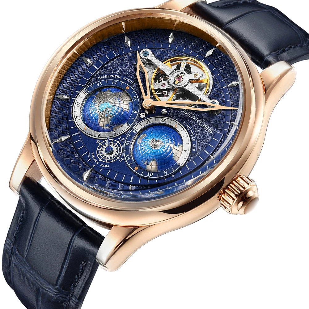 SEAKOSS Luxury Double Earth Rotating Men's Mechanical Watch Automatic Movement Waterproof Clock Pilots Men 1963 Flywheel Watches