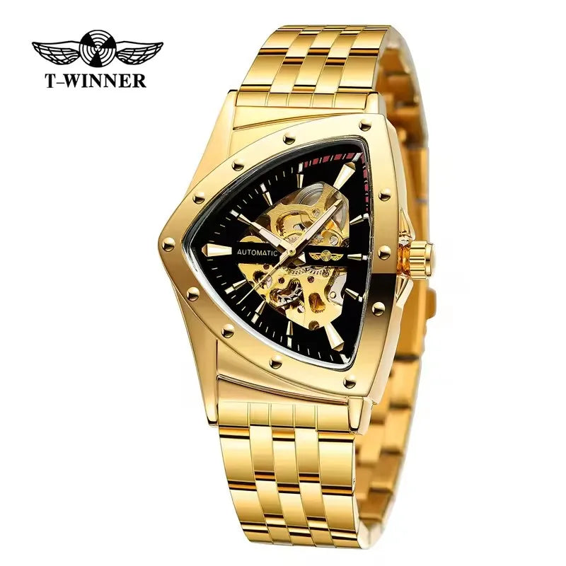 Winner 395S Premium Men's Luxury Automatic Mechanical Watch Stainless Steel Hollow Triangle Skeleton Dial Casual Men's Clock