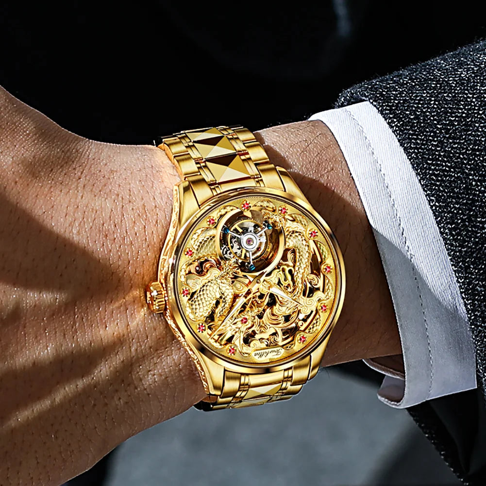 OUPINKE Brand 3176 Luxury Gold Dragon Mechanical Watch for Men Real Tourbillon Movement Wristwatch Waterproof Skeleton Watches