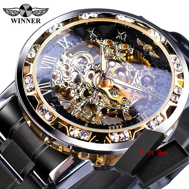 Winner Transparent Fashion Diamond Luminous Gear Movement Royal Design Men Top Brand Luxury Male Mechanical Skeleton Wrist Watch
