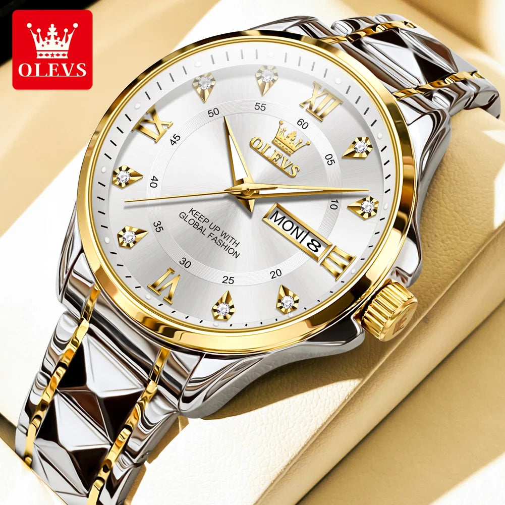 OLEVS High Quality Luxury Watches for Men Stainless Steel Dual Calendar Luminous Waterproof Quartz Fashion Business Man Watch