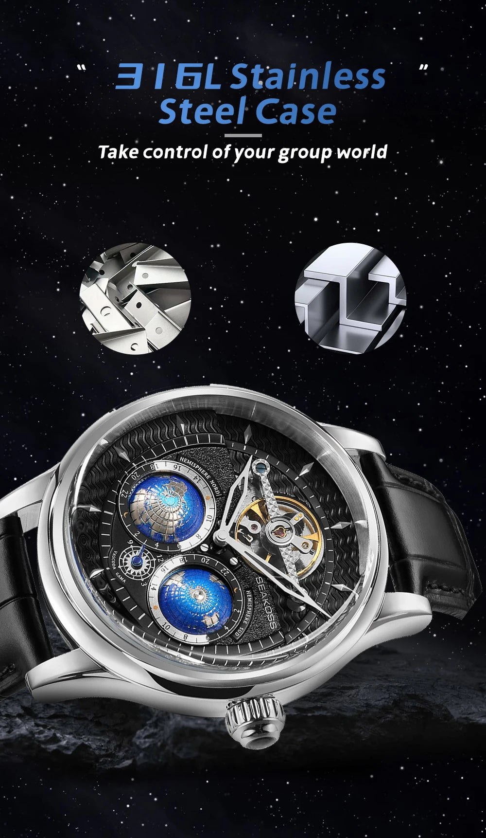 SEAKOSS Luxury Double Earth Rotating Men's Mechanical Watch Automatic Movement Waterproof Clock Pilots Men 1963 Flywheel Watches