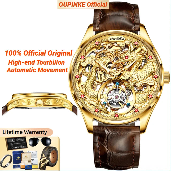 OUPINKE Tourbillon Mens Watch Luxury Automatic Mechanical Watches Skeleton Hollow Dragon Wristwatch Men