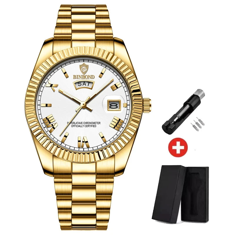 2025 New Men Business Watches Fashion Arabic Dial Steel Band Male's Luminous Waterproof Quartz Watch Set(Gift box regulator Box）