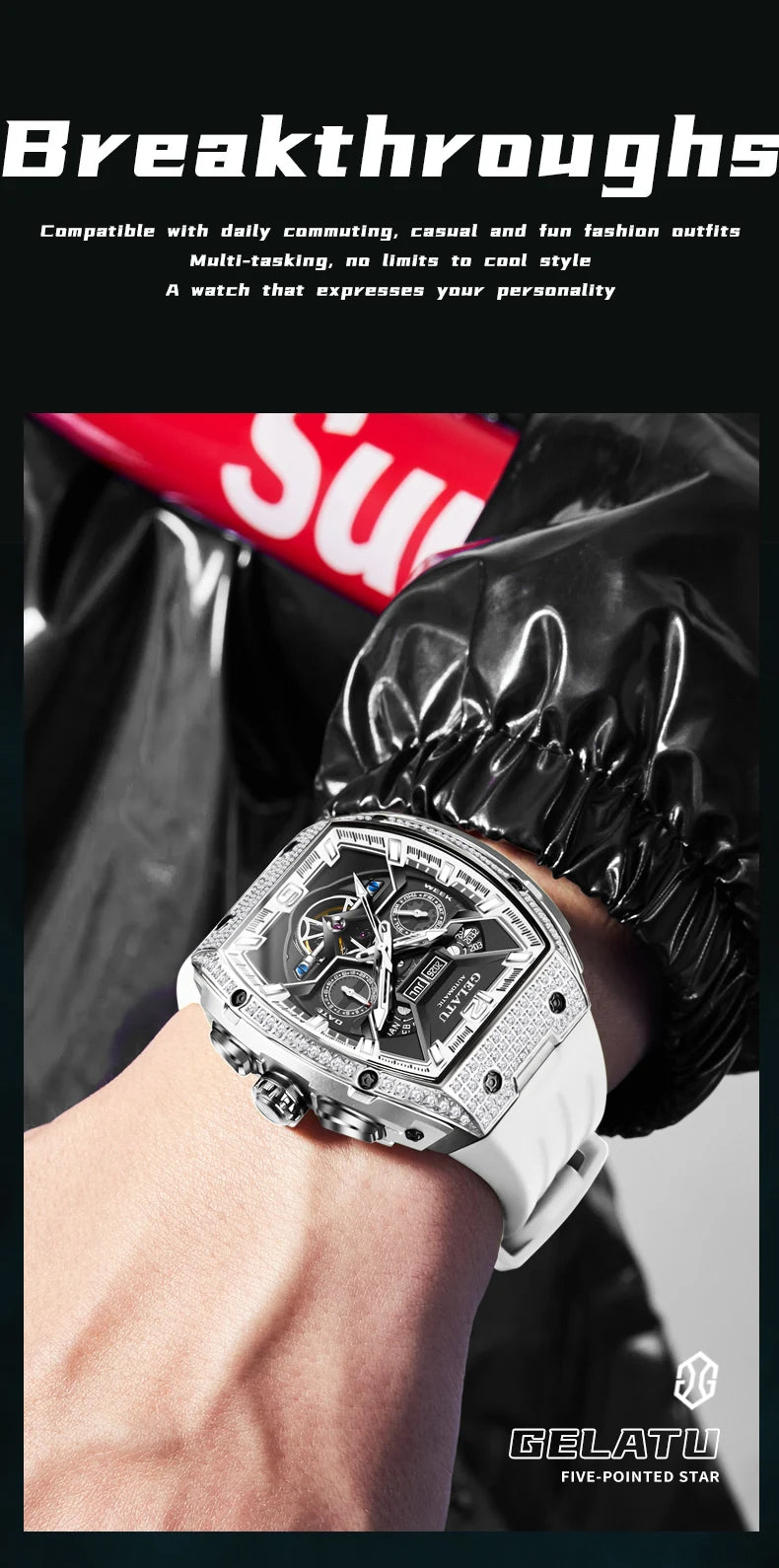 GELATU Top Brand Men's Watches Full Automatic Wristwatch for Man Hollow Mechanical Flywheel Date Week Waterproof Luminous