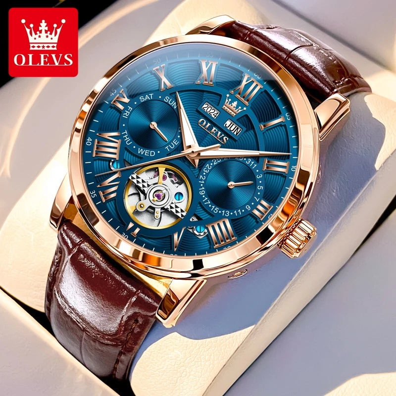 OLEVS 6668 Luxury Skeleton Automatic Mechanical Men Watch Top Brand Movement Roman Scale Calendar Waterproof Business Men Watch