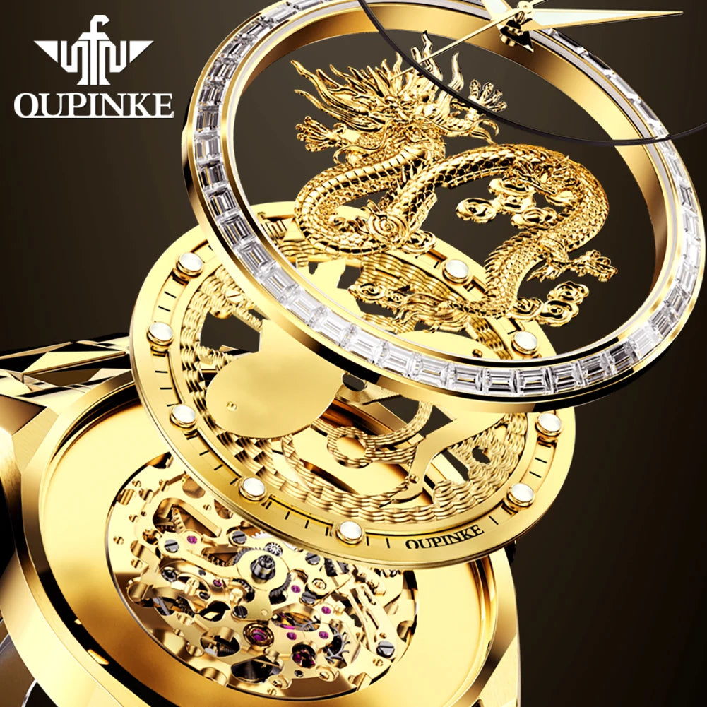 ﻿ OUPINKE 3276 Mens Watch Original luxury Brand Automatic Mechanical Watch﻿ Dragon Dial Watch For Men Moon Phase Watch Mens Gift