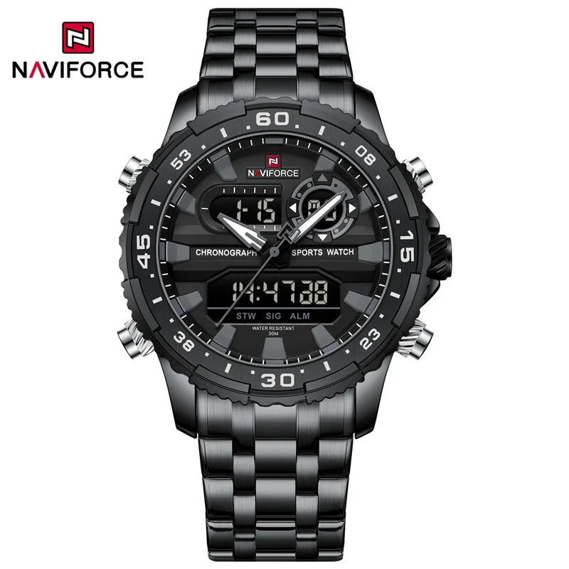 NAVIFORCE Men's Watch Luxury Waterproof Sports Chronograph Quartz Steel Band Wristwatch Digital Date and Week Display Male Clock