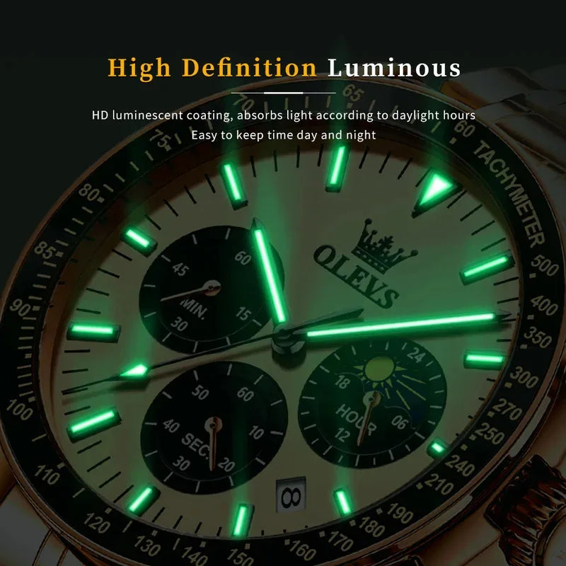 OLEVS Top Fashion All Steel Men Watch Trend Quartz Watch Moon Phase Luminous Steel Strip Waterproof Male Wristwatch