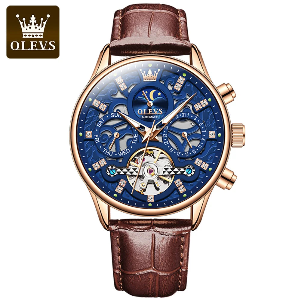 OLEVS 6658 Automatic Watches for Men Leather Strap Moon Phase Men's Hollow Mechanical Wristwatch Waterproof Calendar Hand Clock