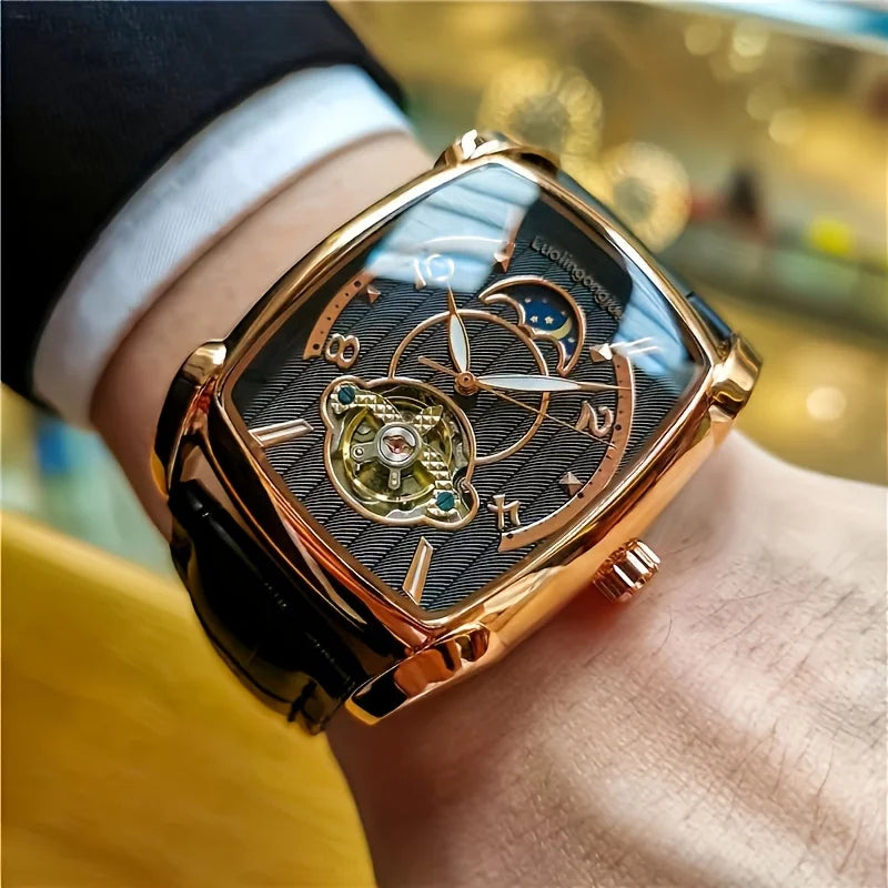 [Luxury Tourbillon Mechanical Watch] Light Luxury Tourbillon Mechanical Watch for Men - Fully Automatic High-End Fashion Trend Hollow Business Casual Men's Watch - Sun, Moon, Star, Barrel Shape, Temperament Large Plate, Gift