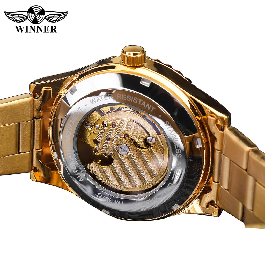 Winner Brand Golden Moon Phase Design Luxury Retro Style Diamond Full Stainless Steel Skeleton Tourbillon Men Automatic Watches