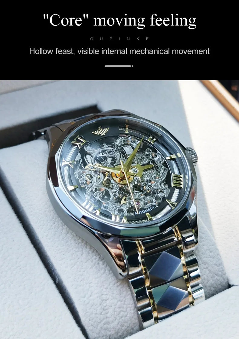 OUPINKE Tungsten Steel Strip Men's Watches Fully Transparent Dial Automatic Mechanical Watch Waterproof Sapphire Mirror Surface