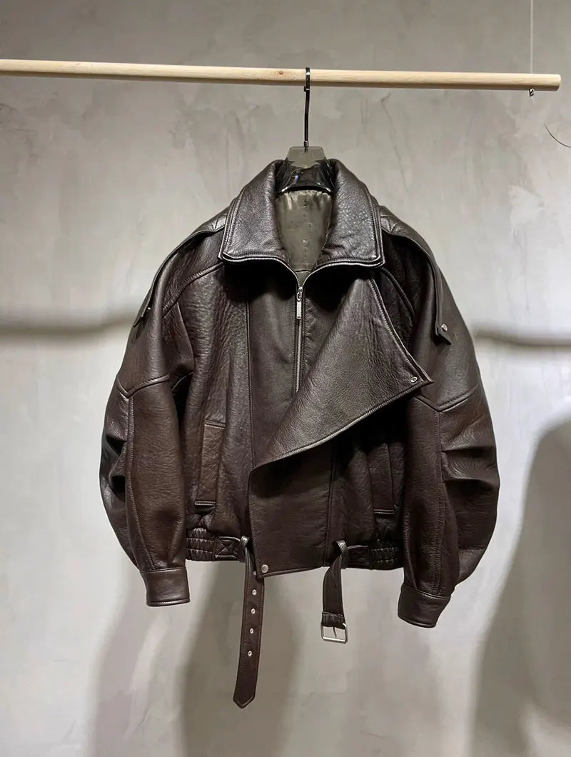 Lamb Soaked Leather Motorcycle Jacket Loose PU Leather Jacket Oversize2025 New High-end Simple Early Autumn Jacket